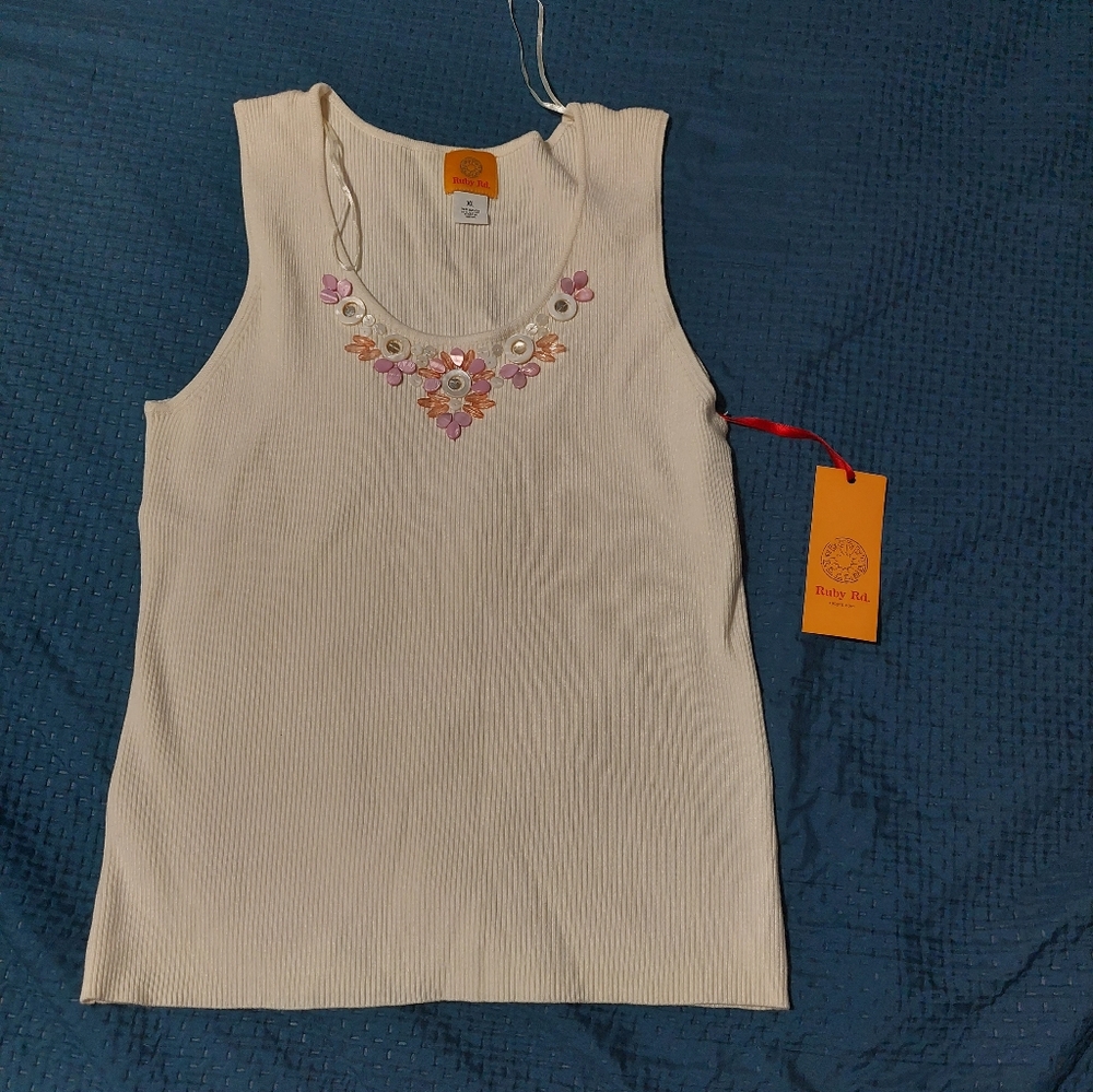 Ruby Rd. Ivory Tank with Floral Embroidery